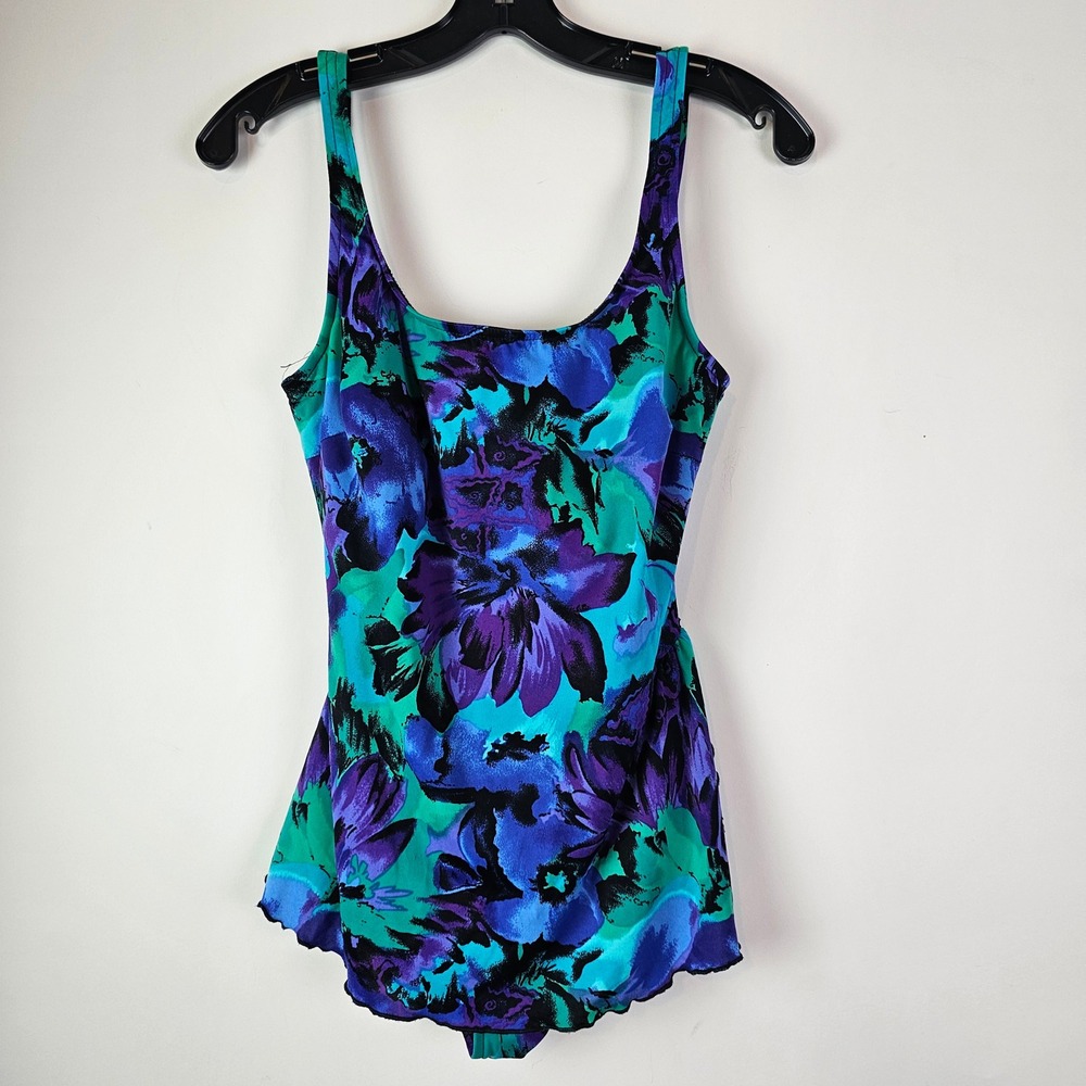 Jantzen Classics Vintage Floral One Piece Swimdress Purple Teal Blue Womens 16